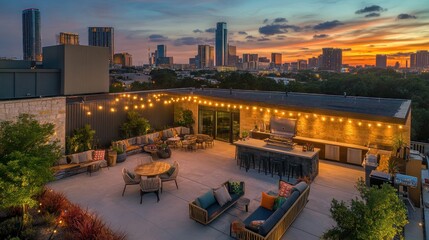Fototapeta premium Rooftop patio with city skyline sunset view, outdoor kitchen, lounge furniture.
