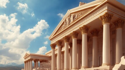 Fototapeta premium Majestic Ancient Temple with Columns Against Blue Sky and Fluffy Clouds