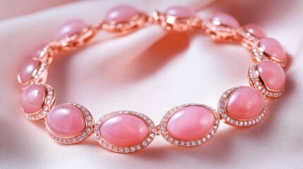 Obraz premium A feminine pink stone bracelet with rose gold elements placed on a pale pink cloth, evoking beauty and grace