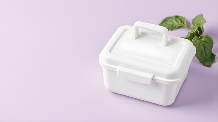 One plastic lunch box on lilac background. Space for text. Generative AI