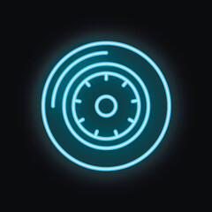 Blue neon icon of a car wheel with a disk brake system glowing on a black background