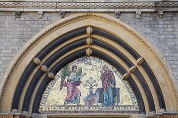 Obraz premium Mosaic above the entrance to the Bonner Minster, Minster Basilica, Bonn, Rhineland, North Rhine-Westphalia, Germany, Europe