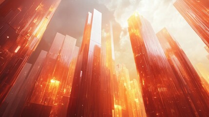 A futuristic city with entirely transparent skyscrapers glowing in the sunlight 