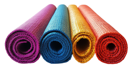Vibrant yoga mats lined up for a tranquil fitness session at sunrise