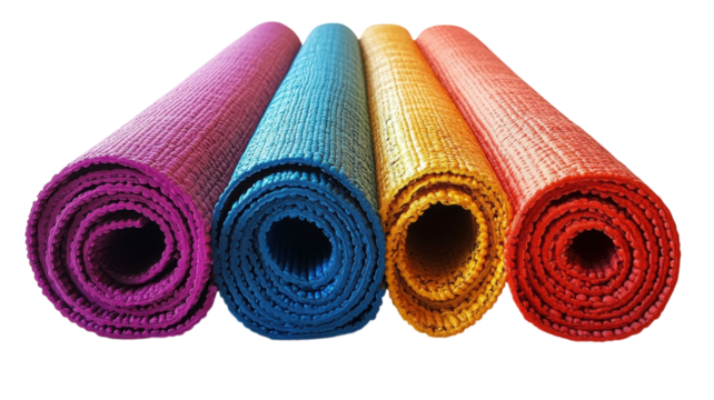 Vibrant yoga mats lined up for a tranquil fitness session at sunrise