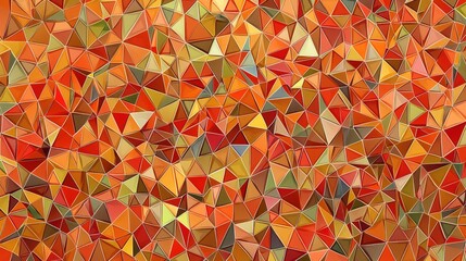Warm colored polygonal shapes blend seamlessly, creating a geometric abstract background. Dominated by orange, red, and yellow tones, it conveys energy and vibrancy