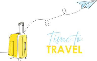 Suitcase with Paper plane flying up and lettering in Continuous one line style. Single line travel drawing of yellow case, luggage bag with wheels isolated on white background Editable stroke vector