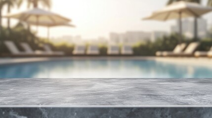 Fototapeta premium Empty gray marble tabletop on blurred background of swimming pool with sun loungers and umbrellas