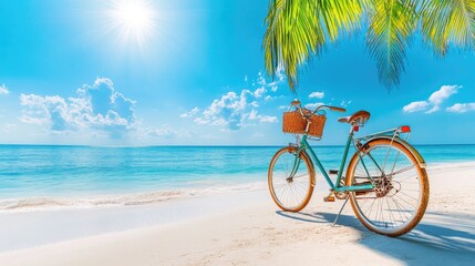 Fototapeta premium A peaceful view of a beach with a bicycle under a coconut tree, the warm sun shining down and the ocean gently lapping at the sand