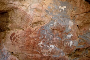 Rock paintings in the De Riet cave, left a bouquet, near De Riet, Kunene region, Namibia, Africa
