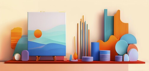 Fototapeta premium Art gallery with canvas and plastics in a 3D illustration, AI generated