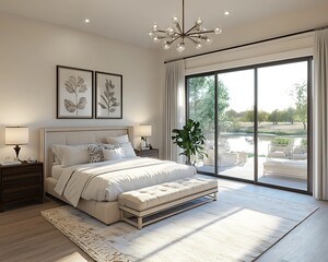 Open-concept master bedroom with sliding glass doors to a private patio