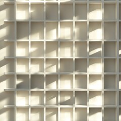 White wall with many empty shelves. The image has a minimalist feel to it