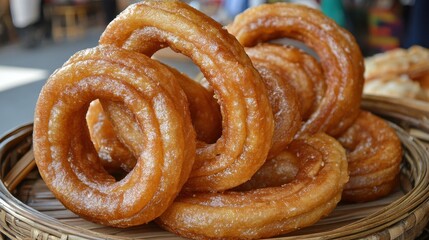 Freshly Made Sweet Dough Rings in a Rustic Basket Display