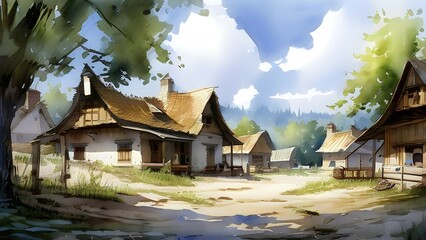 Watercolor depiction of a village in summer in the warmth of the sun, AI generated