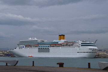 Luxury classic cruiseship cruise ship liner Romantica docked in port of Heraklion, Crete in Greece...