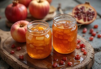 A wooden board with honey, apples, and pomegranates, symbolic foods for the Jewish holiday Rosh Hashanah.