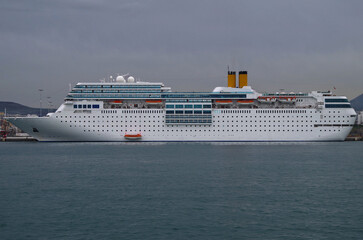 Luxury classic cruiseship cruise ship liner Romantica docked in port of Heraklion, Crete in Greece during Winter Mediterranean Greek Island cruising