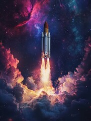 Rocket launch at night with colorful nebulae in the sky