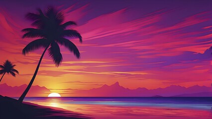 Obraz premium Abstract illustration of a sunset over a sandy beach with palms in vivid and vibrant colors, AI generated