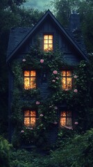 Fototapeta premium Enchanted Cottage at Night: A Magical Forest Home