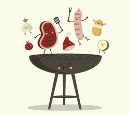 Funny Characters Assorted Delicious Grilled Meat with Vegetables over the Coals on Barbecue