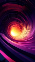 A spiral shaped tunnel with a bright orange light shining through it. The tunnel is purple and the light is yellow