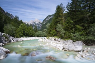 Soca River with crystal clear, turquoise blue water, Soca Valley, Triglav National Park, Kanin...