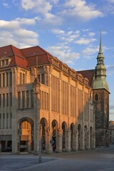 Fototapeta premium Görlitz department store, Art Nouveau, 1913, Frauenkirche behind, Görlitz, Upper Lusatia, Saxony, Germany, Europe