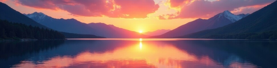 Sunset over a tranquil lake amidst the mountains, natural, distant peaks
