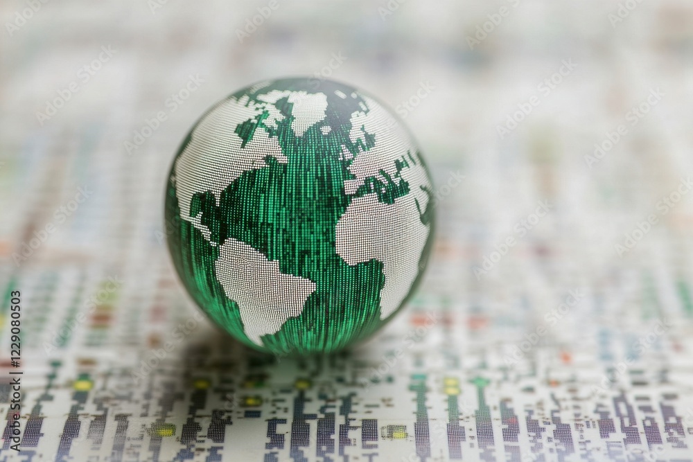 Poster digital data processing represented on globe depicting global connectivity and technology advancemen