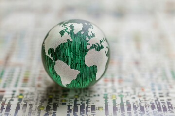 Digital data processing represented on globe depicting global connectivity and technology advancement, digital data processing over globe