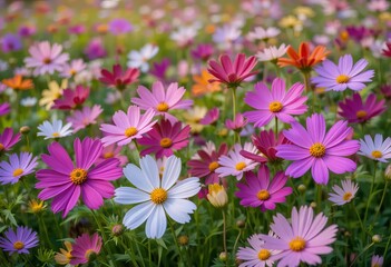 Obraz premium A field of multicolored cosmos flowers with a bright and sunny filter