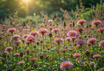 Fototapeta premium A field of multicolored cosmos flowers with a bright and sunny filter