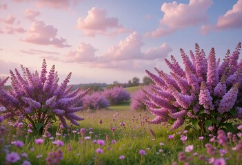 Obraz premium A field of lilac bushes with pink wildflowers and a blue sky with pink clouds in the background.