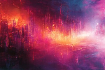 Fototapeta premium A cityscape with a pink and purple background. The buildings are tall and the sky is orange
