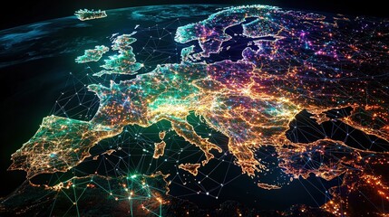 Aerial view of illuminated map of europe showcasing vibrant lights and network connections at night