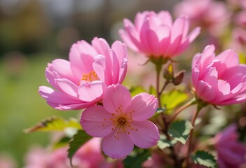 A close-up of pink flower blossoms on a tree branch with blue sky in the background