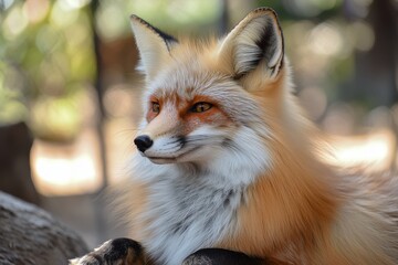 Fototapeta premium Red fox resting peacefully in natural habitat during warm daylight, Red fox Vulpes vulpes A fox is resting in the wild