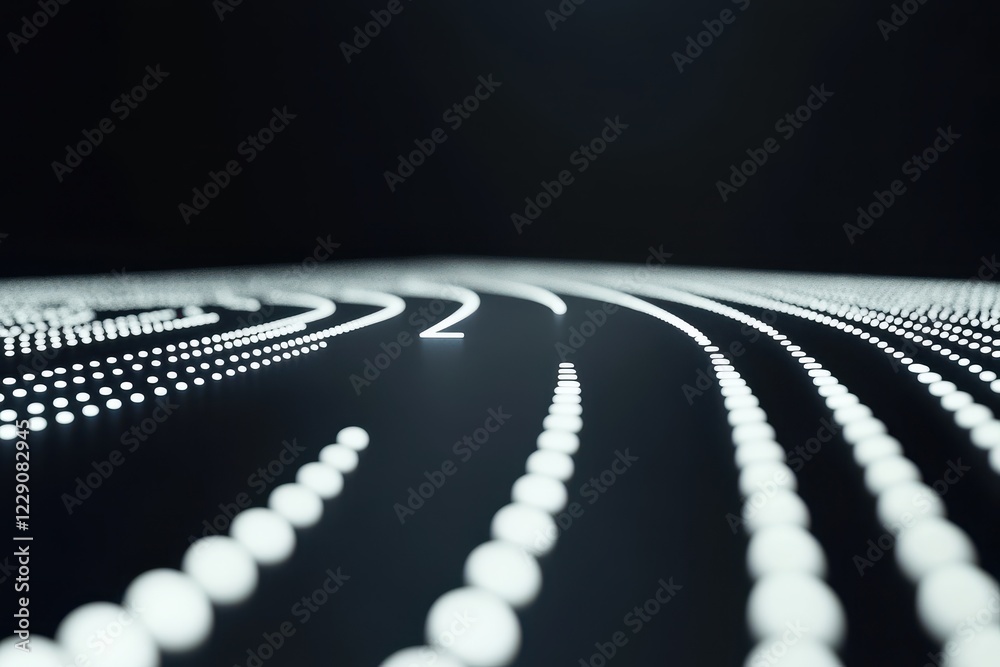 Poster white dotted line with arrow on a black background inviting movement and exploration, white line of 