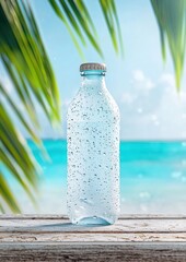 A clear glass bottle stands on a wooden surface, with a tropical beach and palm leaves in the background, reflecting a serene, sunny atmosphere.