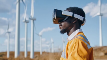 African engineer using futuristic virtual reality glasses while working on windmill farm - Focus on face