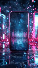 A futuristic phone display surrounded by vibrant lights and reflections, creating a digital cityscape atmosphere.