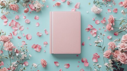 A pink journal surrounded by scattered flower petals on a light blue background, creating a serene and aesthetic atmosphere.