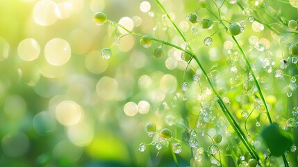 Fototapeta premium Dewdrops on delicate plant with bokeh.