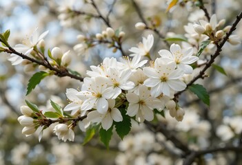A close-up of a tree branch with white flowers blooming