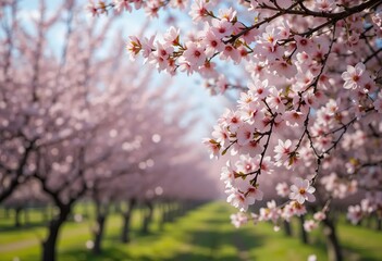 A close-up of pink apricot blossoms against a blurred background of a blooming orchard.