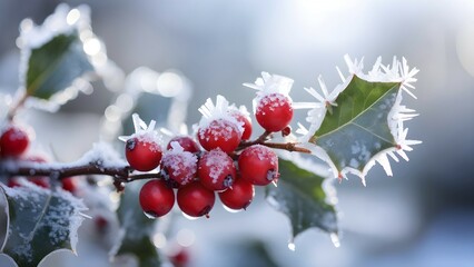 Frosty holly branch with vibrant red berries covered in delicate ice crystals, symbol for upcoming winter, AI generated