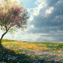 Fototapeta premium Flower petals dance on the wind in this breathtaking spring landscape. A vibrant meadow, blooming flowers, and a majestic tree create a scene of pure natural beauty.