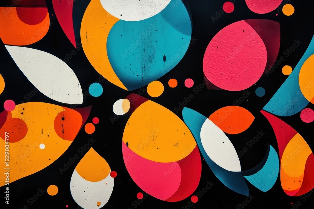 Poster Colorful shapes and spots create abstract design over dark background, shapes and spots over black background